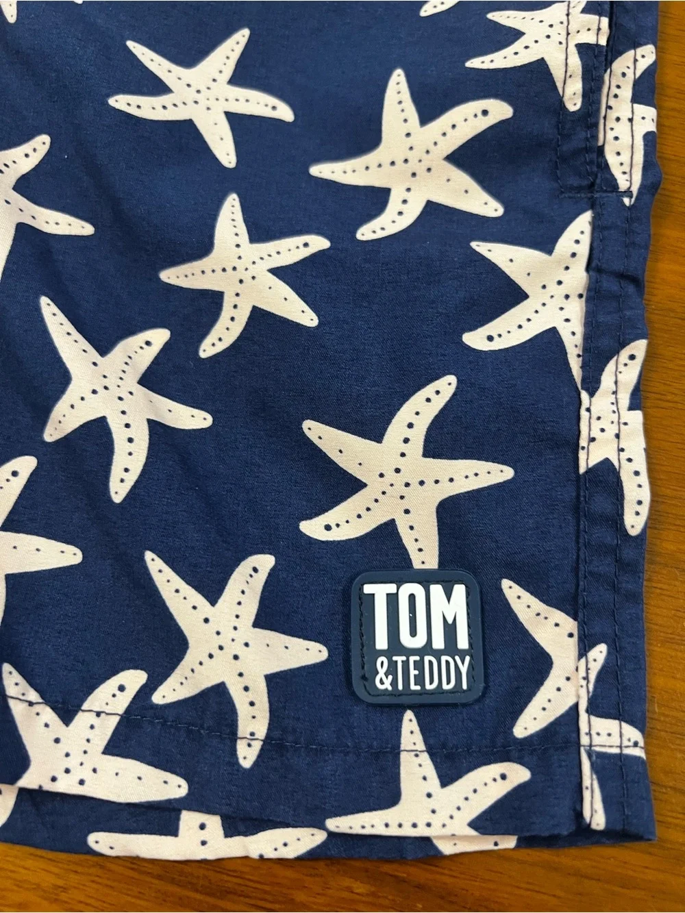 Tom & Teddy Boys Swim Trunks Size 7/8 Navy Blue Light Pink Starfish Mesh Lining